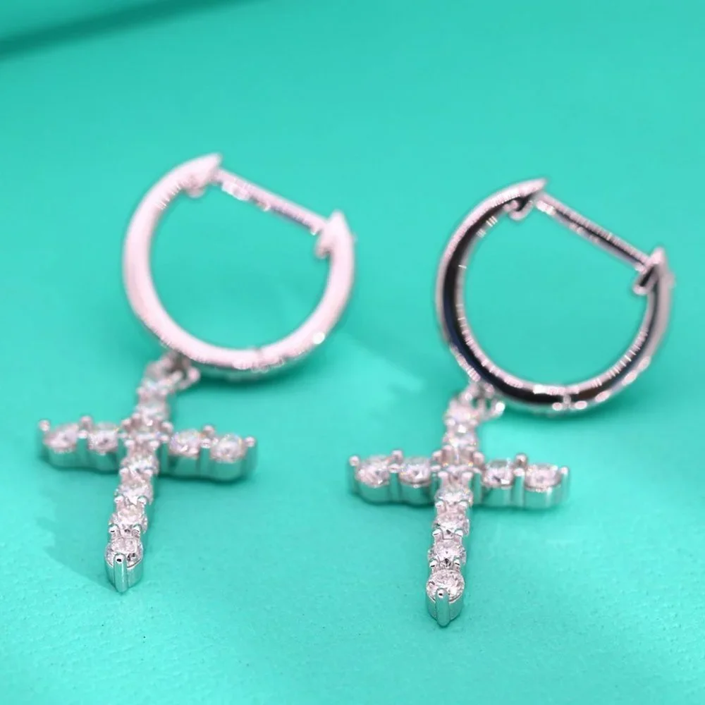 Certified 2mm Moissanite Diamond Cross Huggie Hoop Earrings NEW - Picture 3 of 10